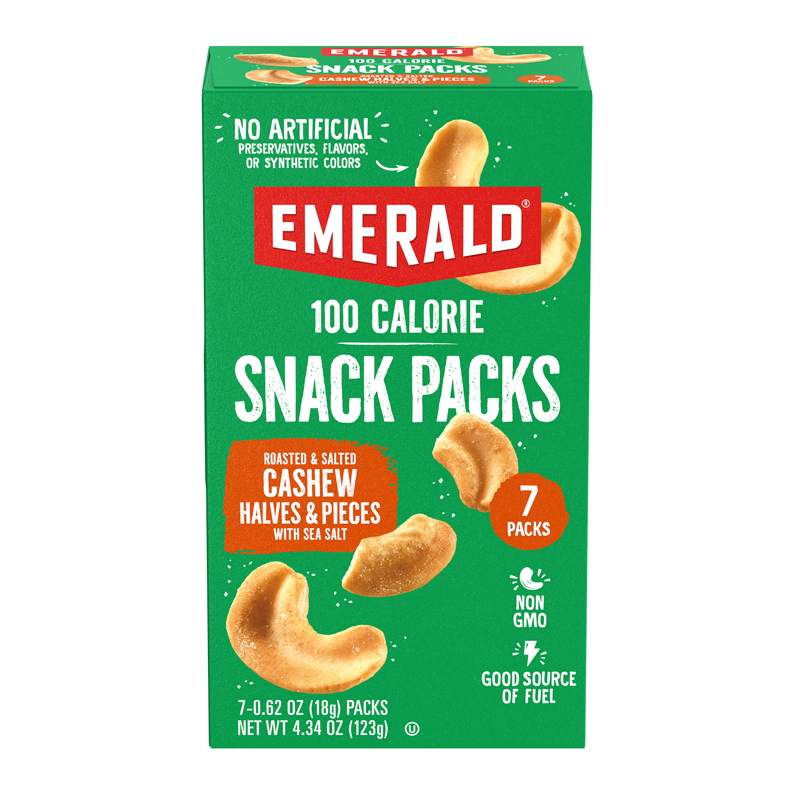 Box of Emerald 100 Calorie Snack Packs featuring roasted and salted cashew halves and pieces with sea salt. The box contains 7 packs, each weighing 0.6 oz. The packaging highlights No Artificial Preservatives and Non-GMO.