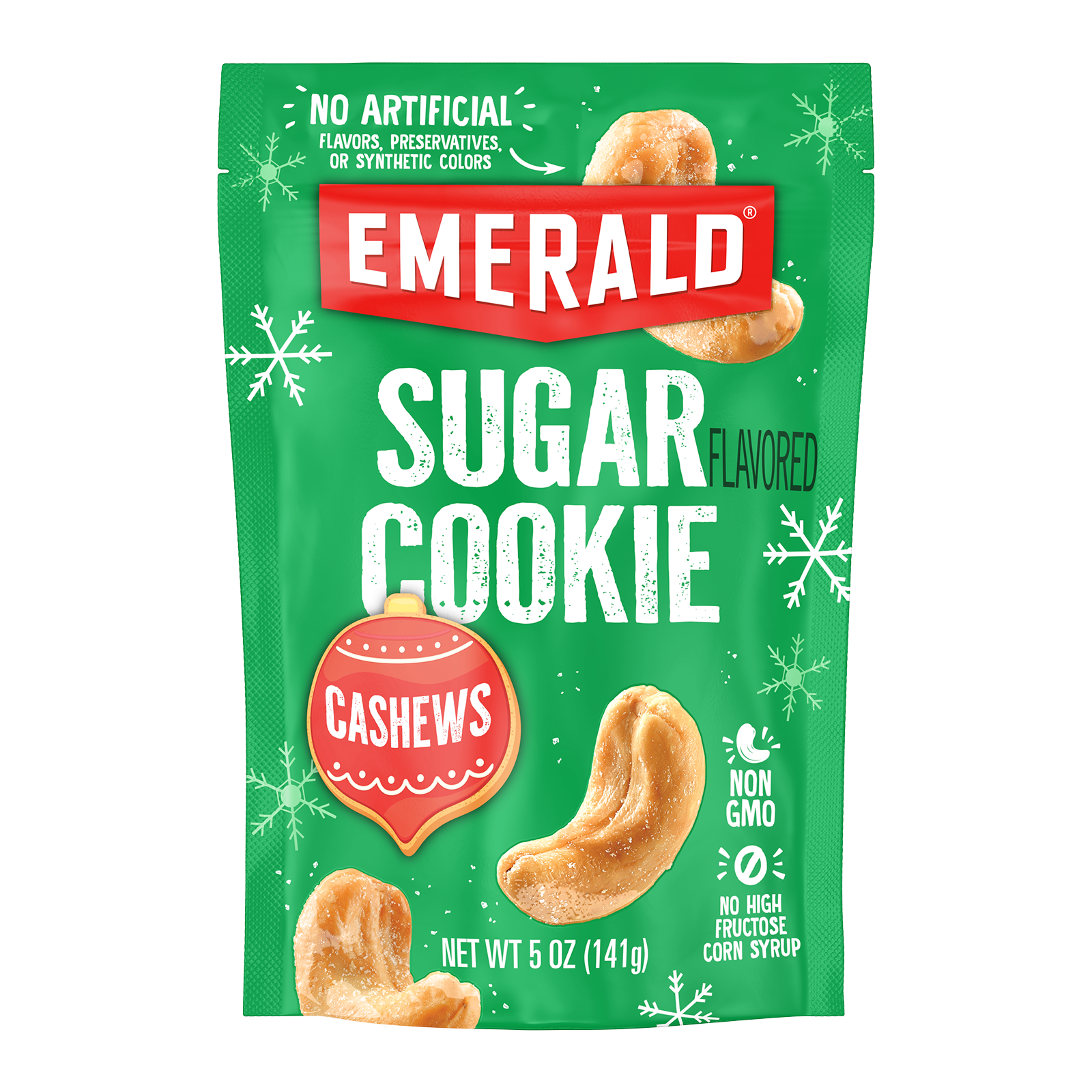 Emerald Sugar Cookie flavored cashews package. Green bag with holiday designs, featuring cashews and text highlighting no artificial flavors, preservatives, synthetic colors, GMOs, or high fructose corn syrup. Net weight 5 oz (141g).