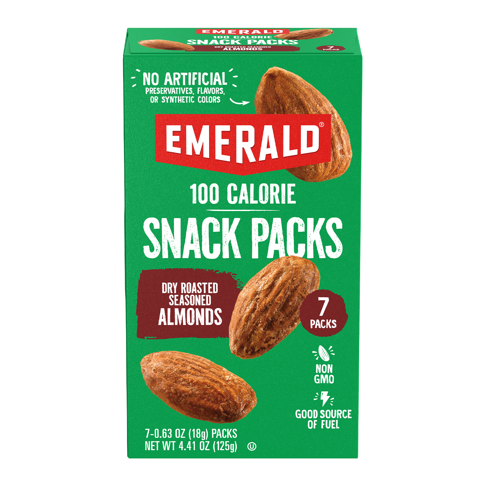 Green box of Emerald 100 Calorie Snack Packs featuring dry roasted seasoned almonds. The box includes seven packs, each 18g. Labels highlight “Non-GMO” and “Good Source of Fuel.” No artificial flavors, colors, or preservatives mentioned.